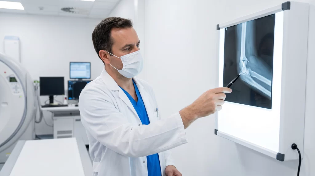 A doctor in a white coat reviewing an X-ray of a fractured elbow joint on a brightly lit medical light board