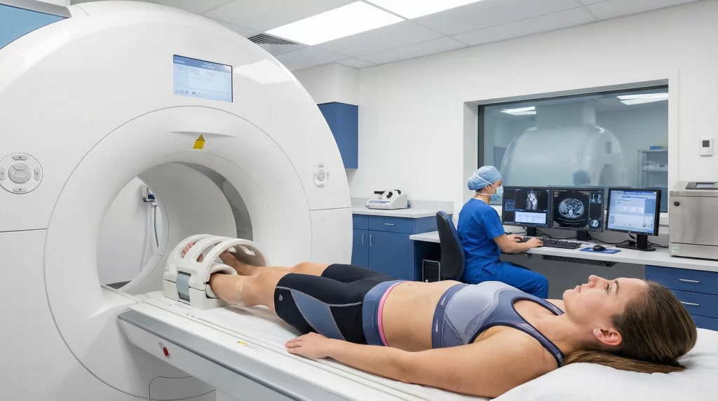 A female athlete undergoing an MRI scan on her lower leg and ankle in a modern sports medicine facility