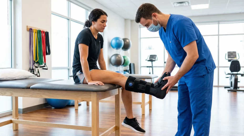 A fit female athlete wearing a black medical walking boot while a physical therapist examines her ankle