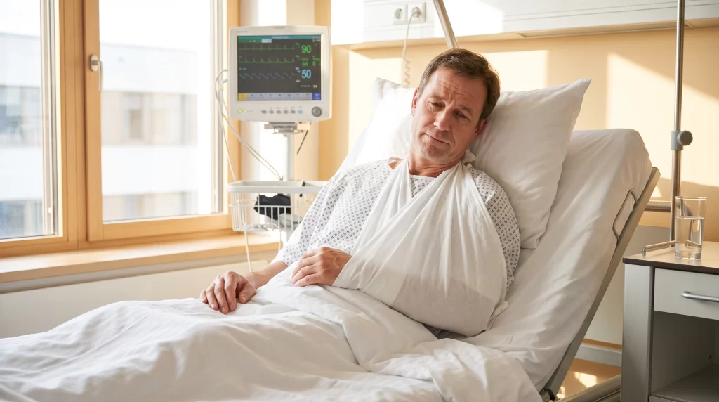 A male patient in his 50s resting in a modern hospital bed with his arm and shoulder immobilized in a medical sling