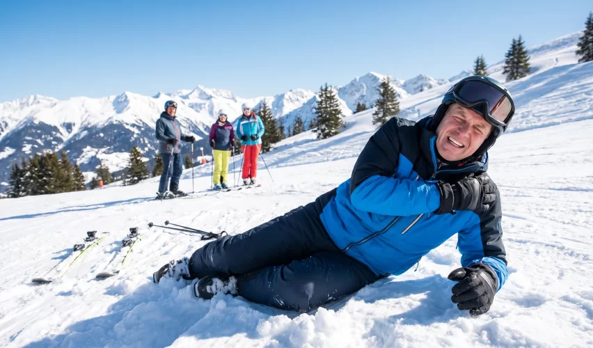 A male skier in winter gear lying on a snowy mountain slope clutching his shoulder in pain after a fall