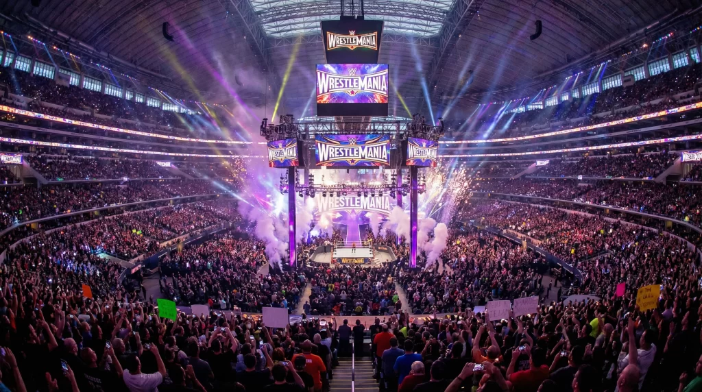 A massive indoor wrestling arena filled with fans and dramatic purple lighting representing a major WWE event