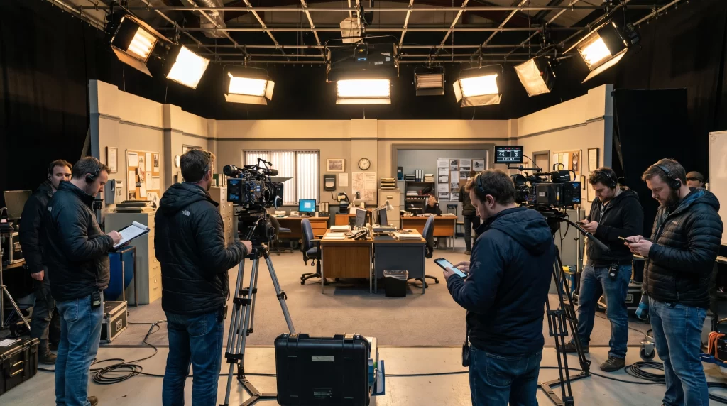 A television production set with cameras and lighting equipment temporarily paused due to an actor's absence