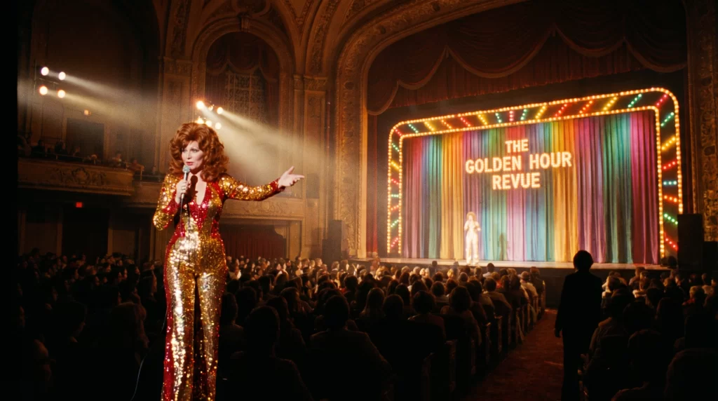 A vintage 1970s stage performance showing a female singer in a sequined outfit under bright theatrical spotlights