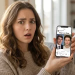 A young woman looking shocked while viewing a viral before-and-after celebrity photo on her smartphone