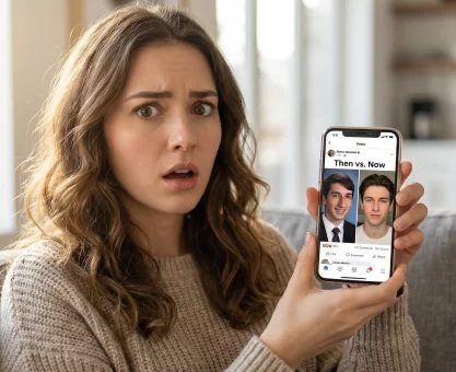 A young woman looking shocked while viewing a viral before-and-after celebrity photo on her smartphone