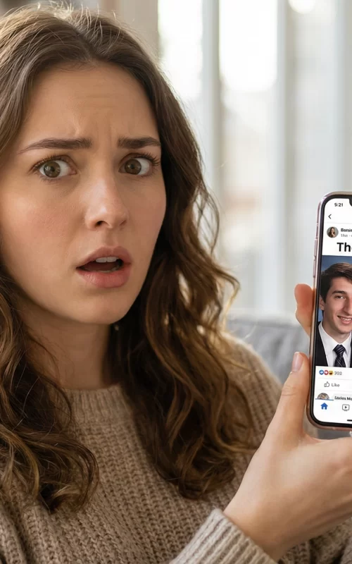 A young woman looking shocked while viewing a viral before-and-after celebrity photo on her smartphone
