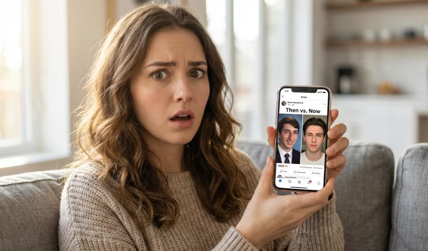 A young woman looking shocked while viewing a viral before-and-after celebrity photo on her smartphone