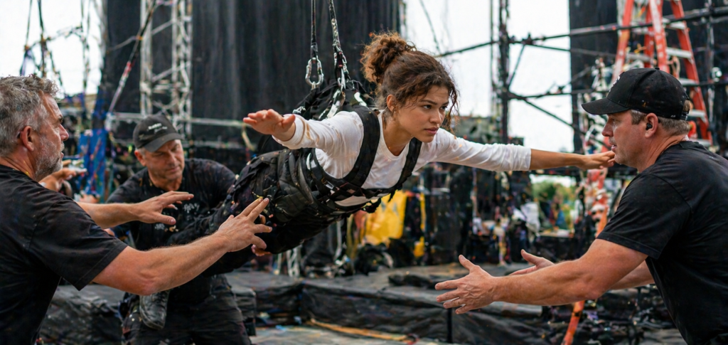 Actress practicing stunt training with harness and safety team on film set