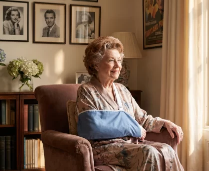 An elderly woman in her 80s with resting comfortably in a luxurious living room with her right arm in a medical sling