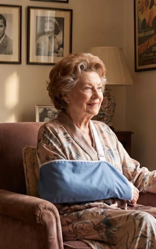 An elderly woman in her 80s with resting comfortably in a luxurious living room with her right arm in a medical sling