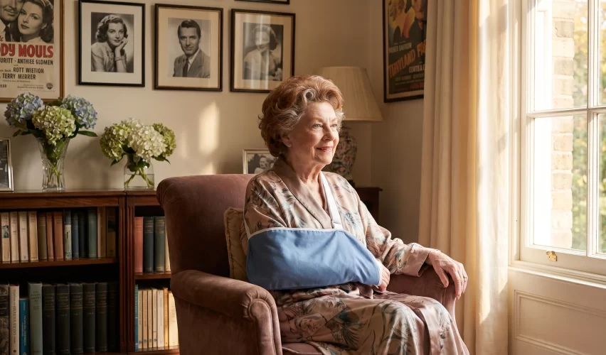 An elderly woman in her 80s with resting comfortably in a luxurious living room with her right arm in a medical sling