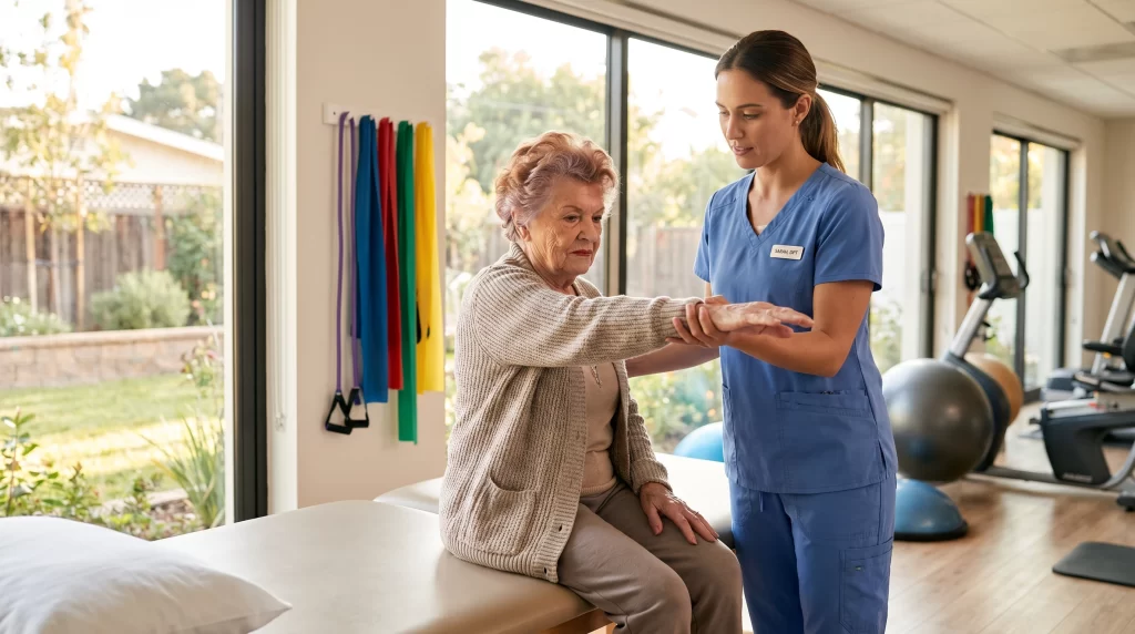 An older woman working with a physical therapist in a modern rehabilitation clinic