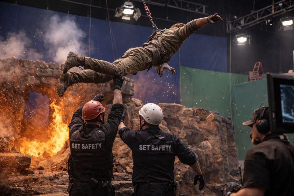 Behind the scenes action filming on a studio set, stunt safety protocols
