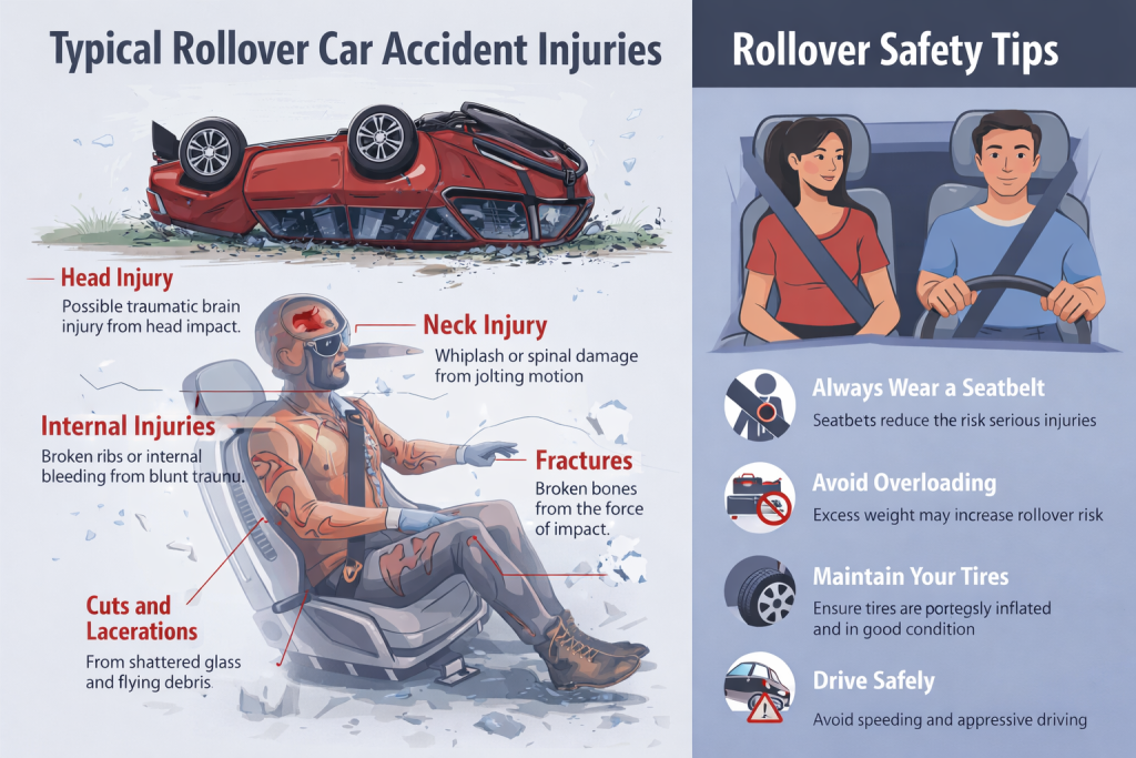 Diagram of typical rollover car accident injuries and safety tips