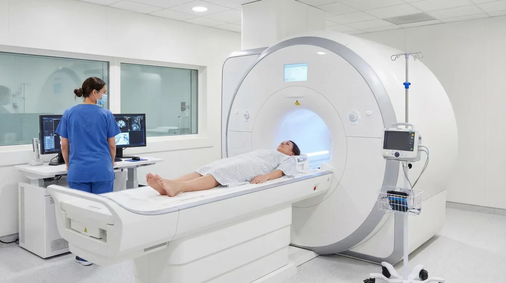 Female patient undergoing an emergency MRI scan in a modern hospital after a head and neck injury