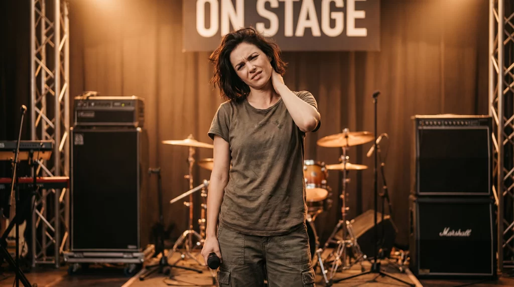 Female pop singer holding her neck in pain during rehearsal after a head injury