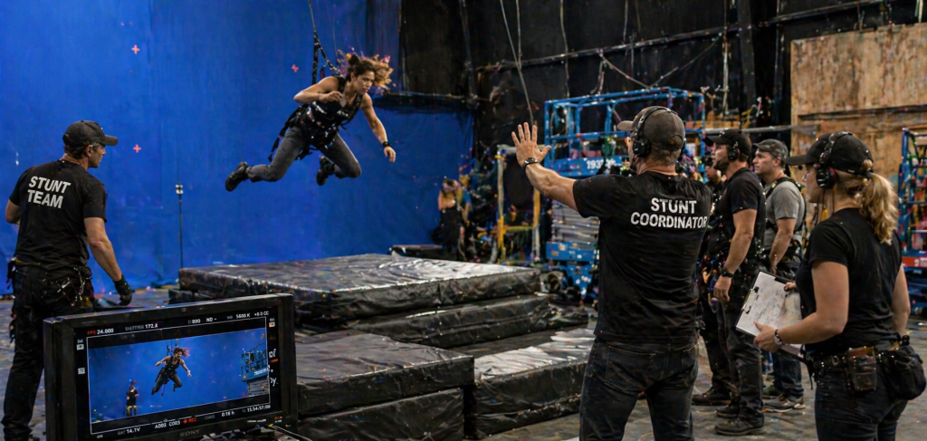 Film crew coordinating stunt rehearsal with safety equipment and crash mats