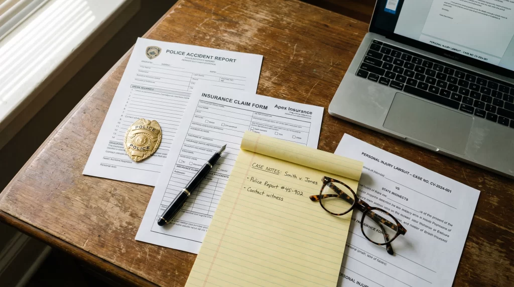 Legal documents and police accident reports spread across a desk representing the legal aftermath of a severe traffic collision