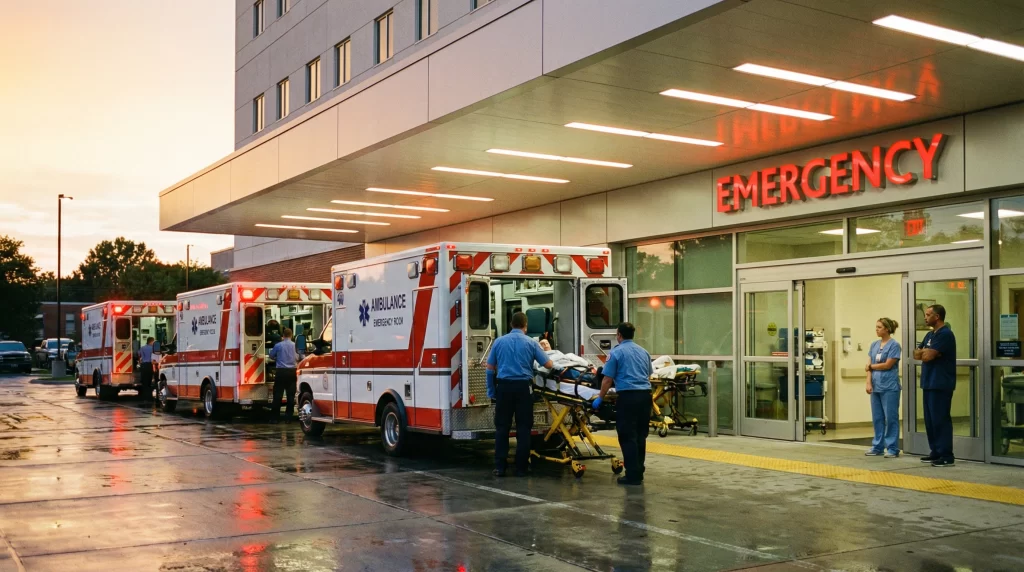 Multiple ambulances parked outside a modern hospital emergency room at dusk receiving patients from a severe traffic accident