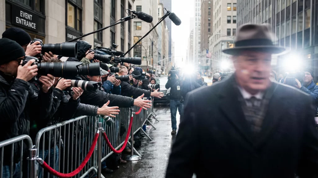 Paparazzi photographers with large camera lenses pointed at a blurred celebrity on a red carpet