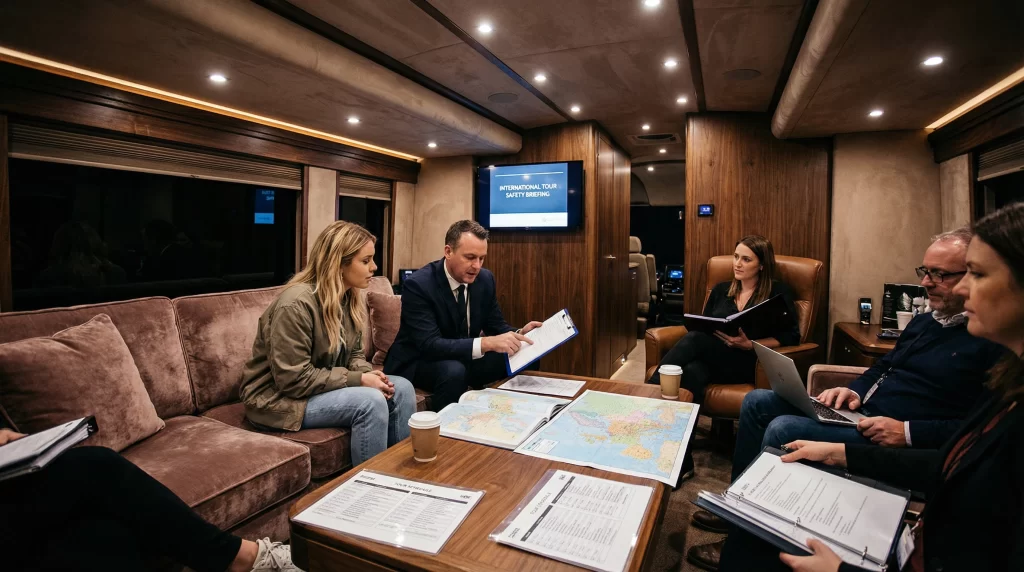 Pop singer and management team reviewing international tour safety protocols