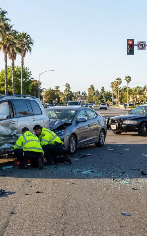 Severe car crash scene at an intersection in California involving a large SUV and another vehicle