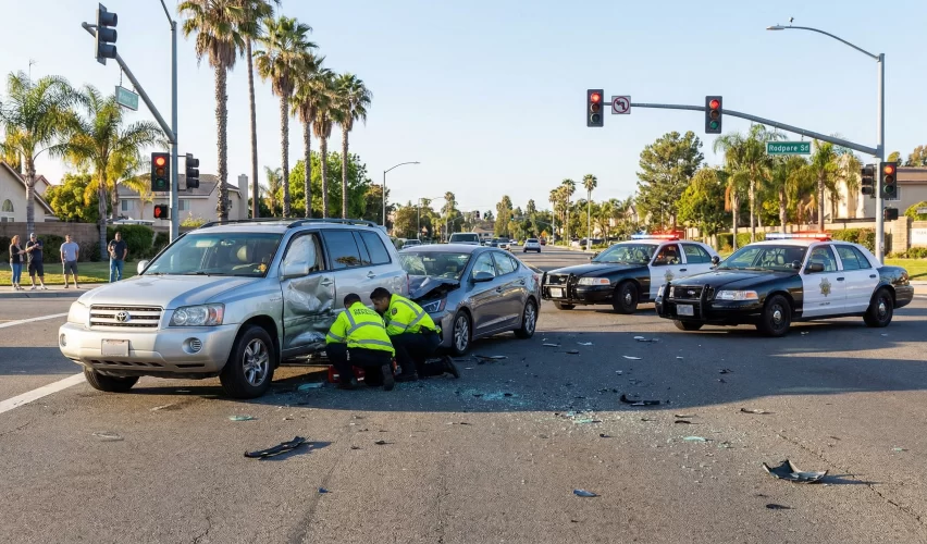 Severe car crash scene at an intersection in California involving a large SUV and another vehicle