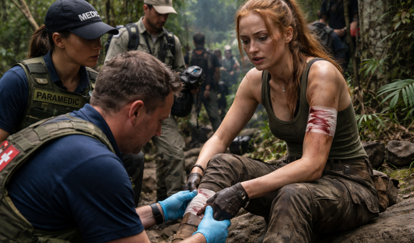 Sophie Turner on Tomb Raider set with medical crew, injury pause