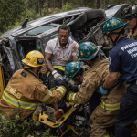 Tiger Woods vehicle rollover crash scene in Florida with emergency responders