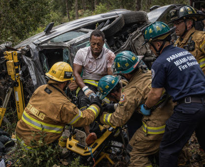 Tiger Woods vehicle rollover crash scene in Florida with emergency responders