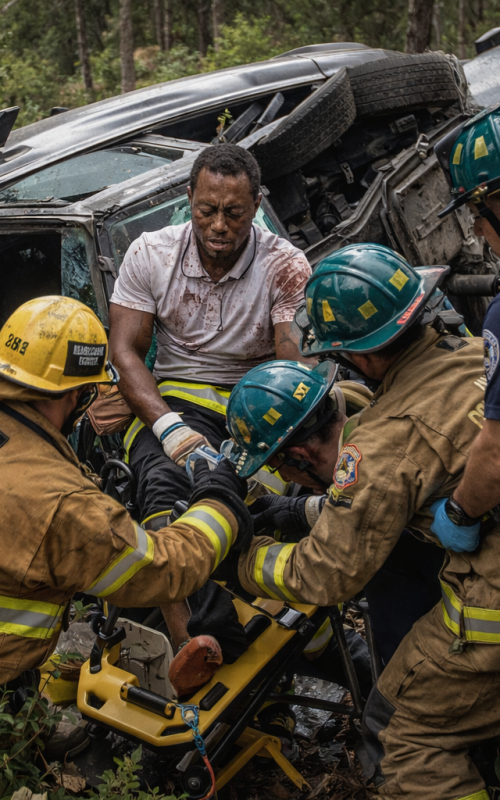Tiger Woods vehicle rollover crash scene in Florida with emergency responders