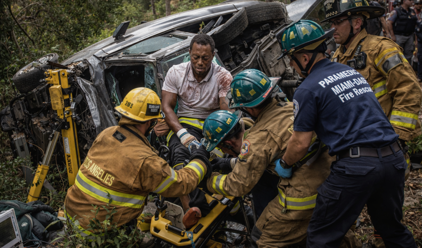 Tiger Woods vehicle rollover crash scene in Florida with emergency responders