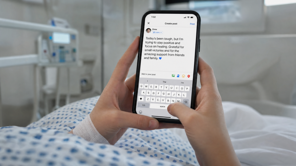 A close-up of a smartphone screen showing a social media post from a celebrity announcing a severe sports injury
