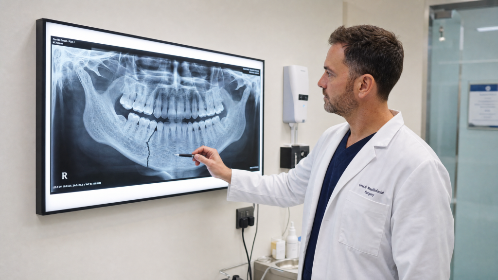 A doctor in a white coat reviewing a panoramic dental X-ray showing a fractured mandible jaw bone on a light board