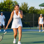 A female tennis player on a clay court clutching her eye in pain after being struck by a tennis ball
