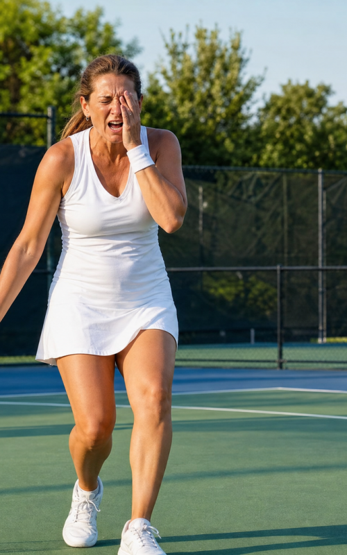 A female tennis player on a clay court clutching her eye in pain after being struck by a tennis ball