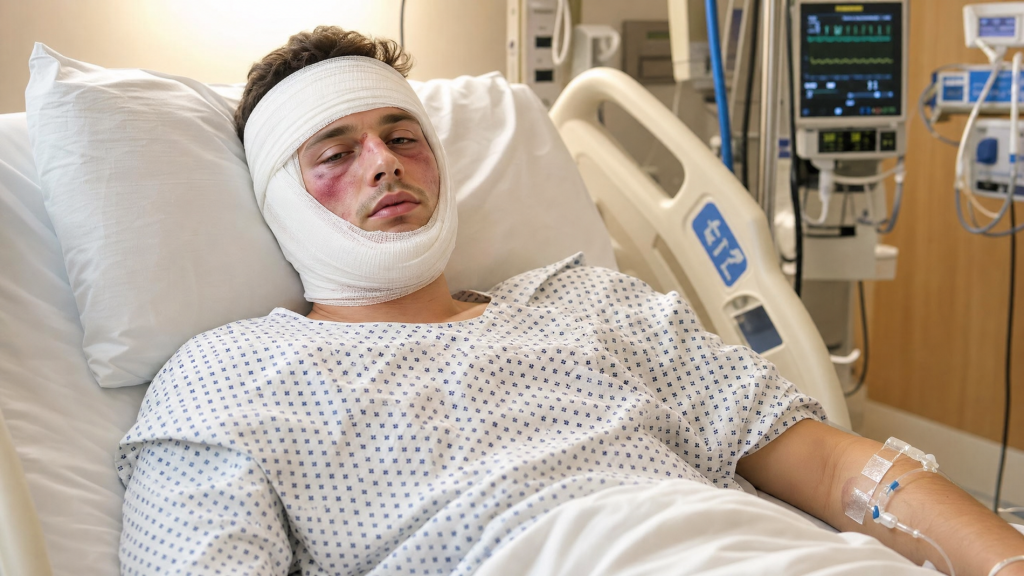 A male patient resting in a hospital bed with his jaw wired shut and medical bandages wrapped around his head