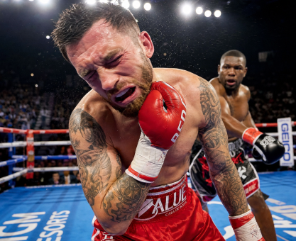 A professional boxer in the ring clutching his jaw in pain after receiving a heavy punch during a match