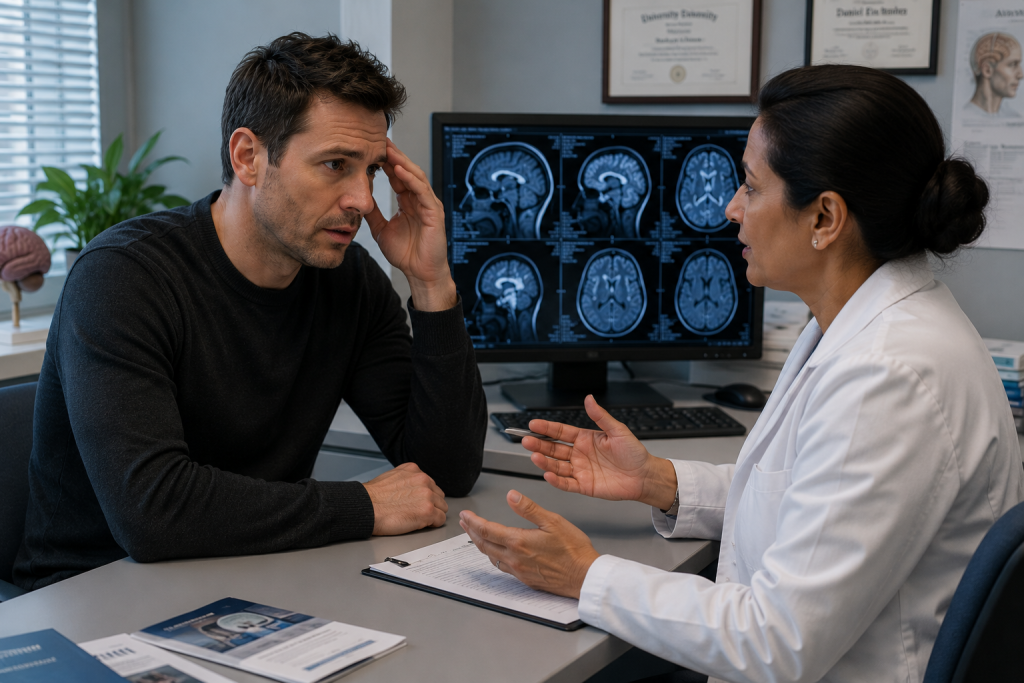 Actor speaking with a doctor during follow-up appointment after concussion and brain injury symptoms