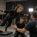 Actress practicing stunt training with harness and safety team