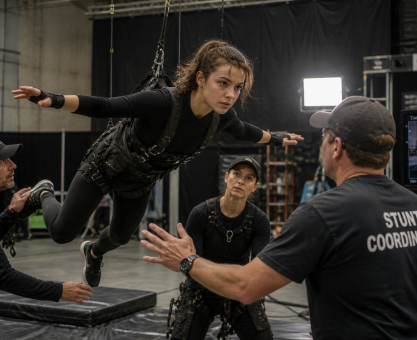 Actress practicing stunt training with harness and safety team