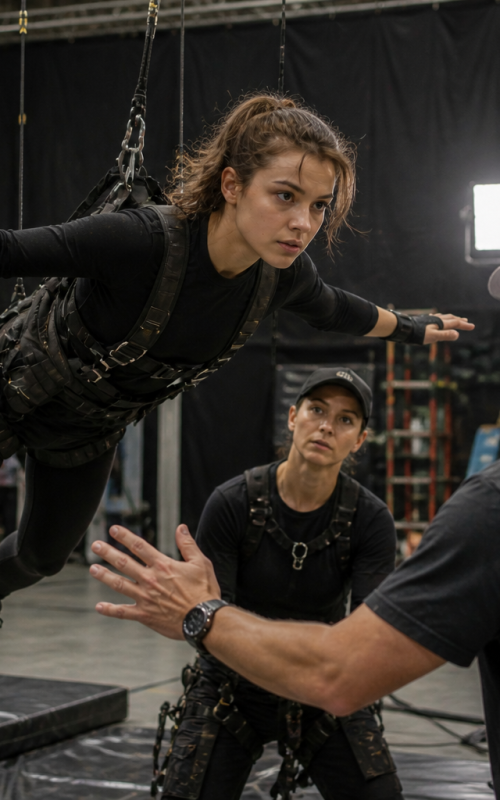 Actress practicing stunt training with harness and safety team