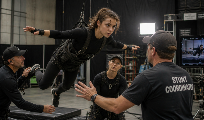 Actress practicing stunt training with harness and safety team