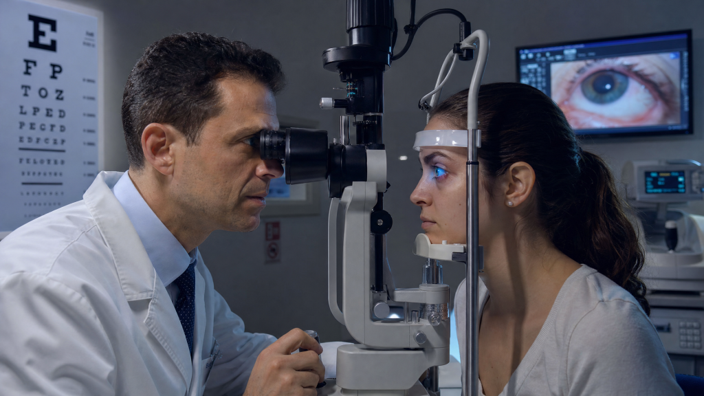 An ophthalmologist using a slit lamp microscope to examine a patient's injured eye in a modern medical clinic