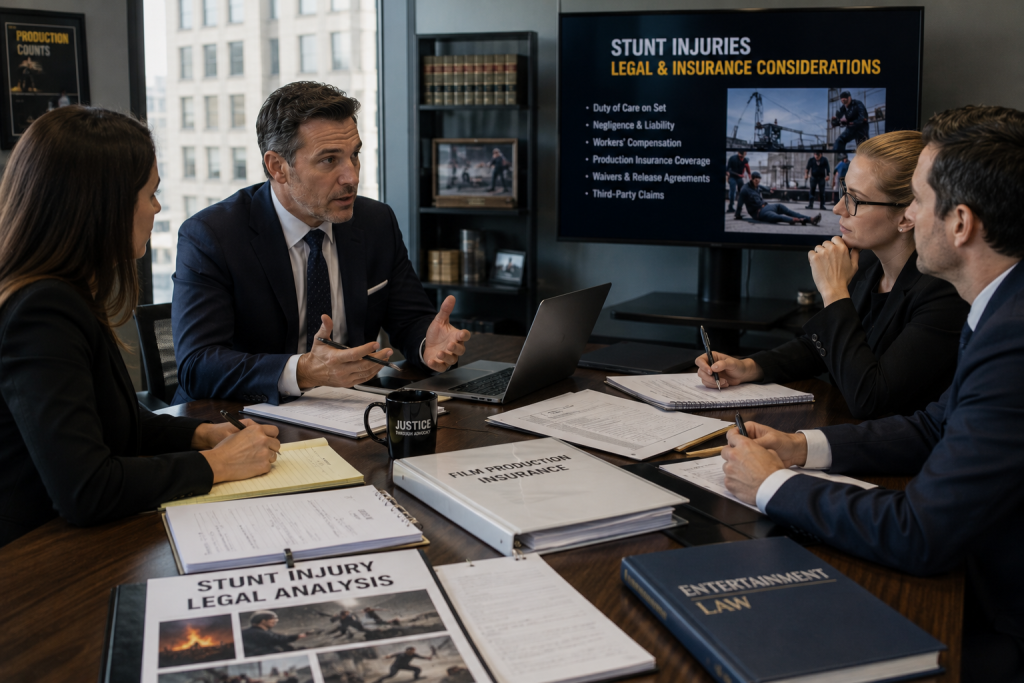 Entertainment lawyers discussing legal and insurance concerns related to stunt injuries on film sets