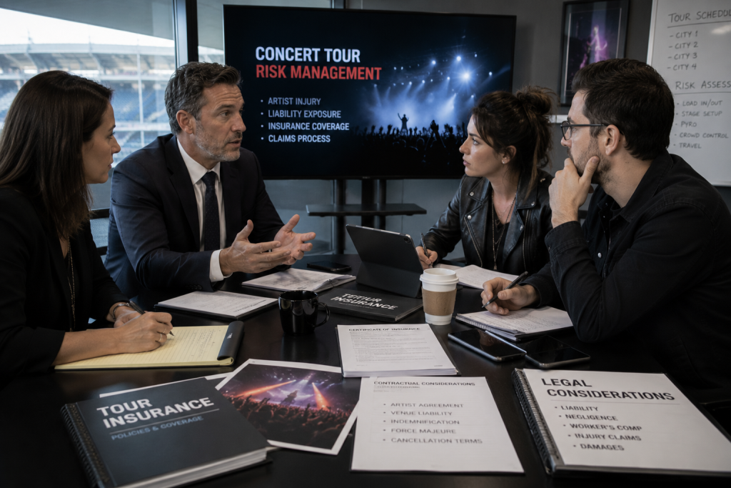 Entertainment professionals discussing insurance and legal issues related to concert tour injuries
