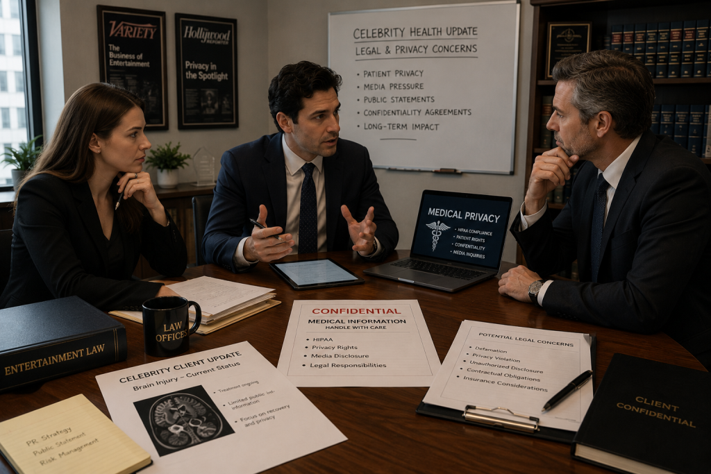Entertainment professionals discussing medical privacy and legal concerns after celebrity brain injury
