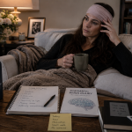 Female actor recovering at home after traumatic brain injury with medical notes and quiet surroundings