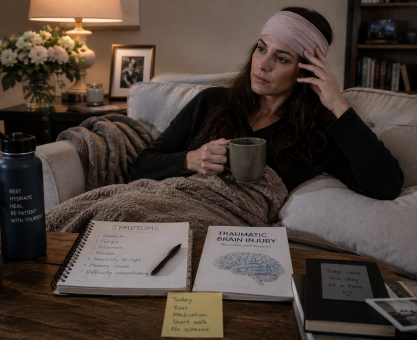 Female actor recovering at home after traumatic brain injury with medical notes and quiet surroundings